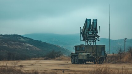 Fototapeta premium A military vehicle with missile launchers is positioned on a barren landscape.