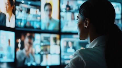 Woman Watching Multiple Screens in a Dark Room