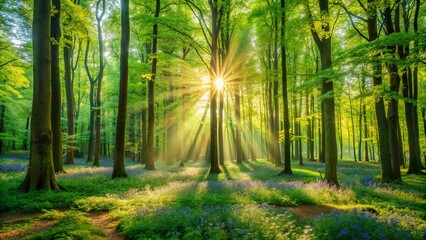 Sunbeams Dancing Through a Canopy of Lush Green Leaves, Illuminating a Forest Floor Carpeted with Delicate Blue Flowers