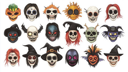Fototapeta premium A colorful collection of spooky, artistic skull illustrations for Halloween.