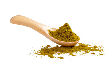 Dried seasoning hop-suneli in a wooden spoon on a white background. An aromatic seasoning popular...