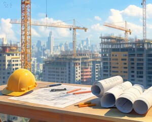 Construction Site with Cranes and Urban Skyline View