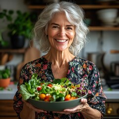 Vibrant Woman Holding Bowl of Fresh Salad