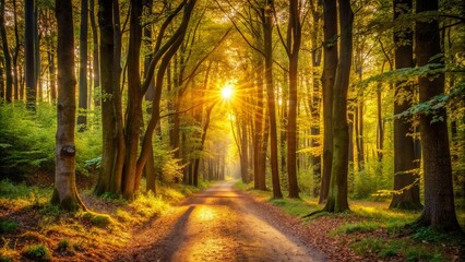 Obraz premium A Serene Path Through the Sun-Drenched Forest, Where Golden Rays Dance Upon the Leaves and the Air is Filled with the Fragrance of Nature's Awakenings.