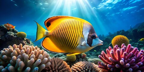Fototapeta premium A Vibrant Underwater Paradise with a Striking Yellow and Black Striped Fish Swimming Through a Colorful Coral Reef