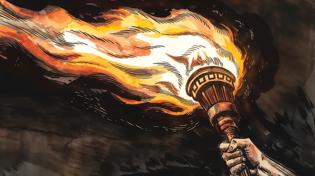 Flaming torch illustration in bold black ink and flowing watercolor, with translucent rays radiating from the flame to emphasize contrast and movement