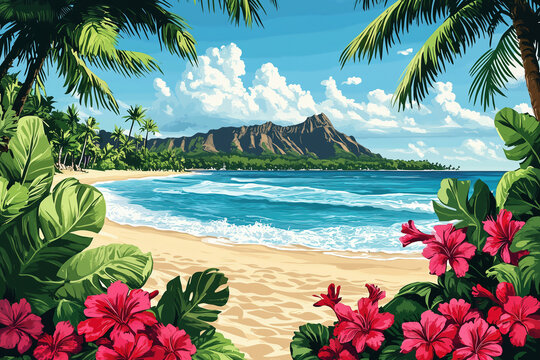 Waikiki beach illustration. Honoulu hawaii landscape background walllpaper