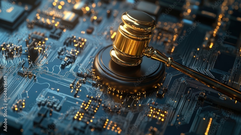 Poster a gavel resting on a circuit board, symbolizing the intersection of law and technology.