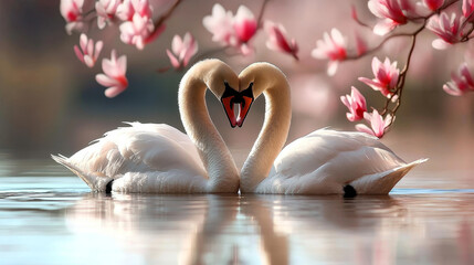 Naklejka premium Elegant swans forming heart shape in tranquil water, surrounded by blooming flowers, create serene and romantic atmosphere