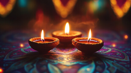 Festive candles illuminating a vibrant rangoli design during Diwali celebrations in India