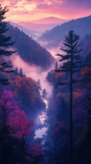 Obraz premium Breathtaking Mountain Valley at Sunset: Mist, River Reflections & Colorful Autumn Foliage