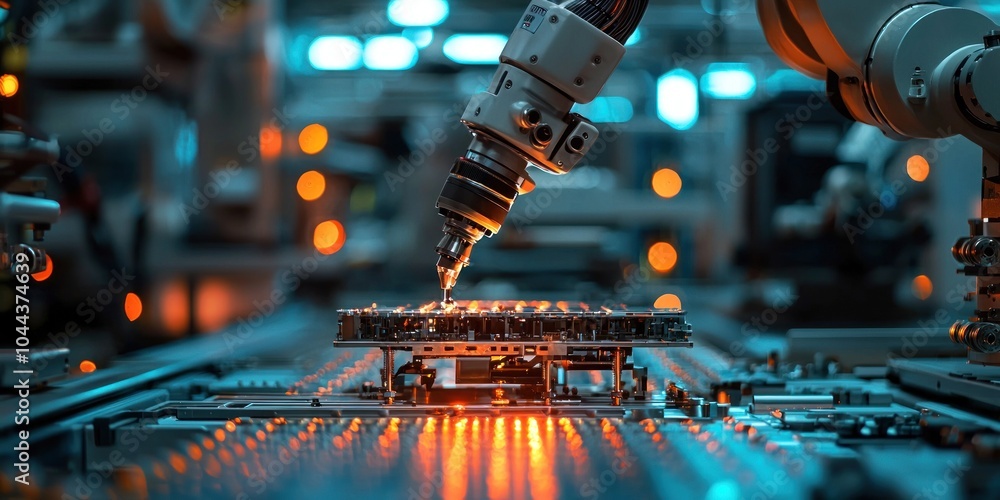 Poster robotic arm assembling electronic circuit board in factory