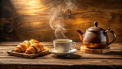A rustic wooden table setting with a steaming cup of tea, a teapot, and freshly baked pastries
