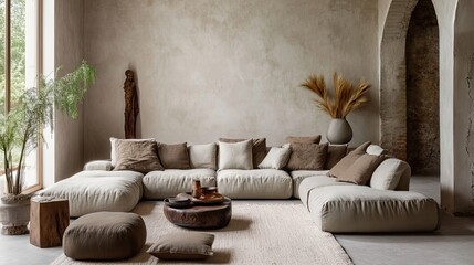 Modern Living Room with Beige Sectional Sofa and Wooden Coffee Table