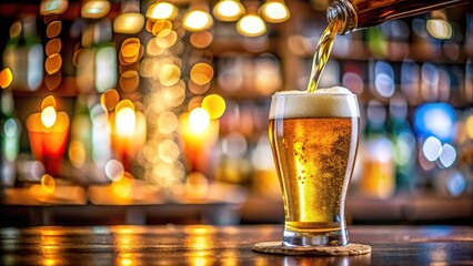 Selective focus shot of pouring beer from bottle into glass with blurred foreground and background