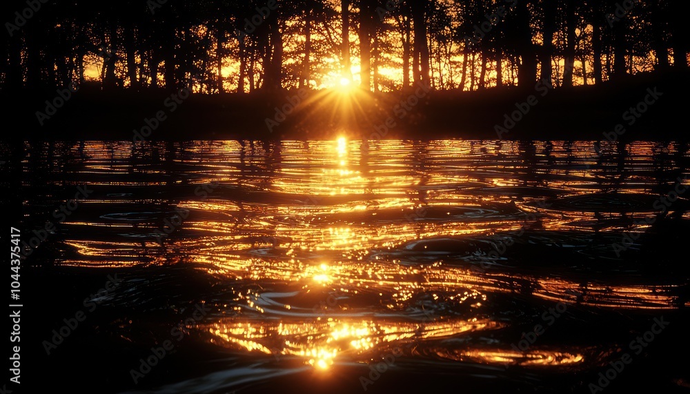 Poster sunset reflection on a rippling water surface with silhouetted trees