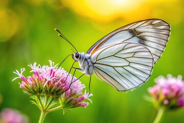 Rare Black veined White Butterfly Aporia crataegi nectaring wildflower long shot