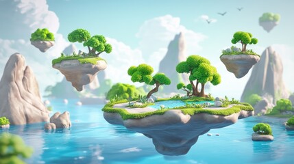 Floating Islands with Lush Green Trees and a Blue Lagoon