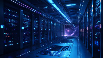 Generated illustration of data centre space storage system blue tone. Deep Space Mining. Illustration