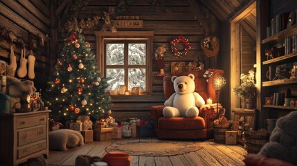 An empty scene featuring blank mockup template (a cozy wooden cabin with bear-themed decor), creating an ideal product mockup space, 