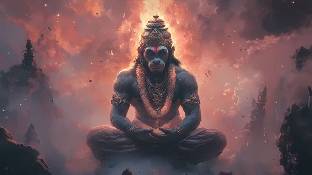 Hanuman ji with sita mata , hindu lord hanuman ji generative ai. AI Overlord. Illustration