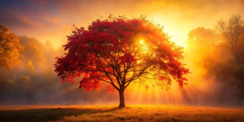 Obraz premium Golden rays of sunrise pierce through the mist, illuminating a lone crimson tree standing tall in a field of autumnal hues.