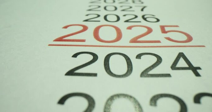 Numbers represent years with upcoming 2025 being outlined. Sheet displays numerals indicating next calendar year emphasizing new period
