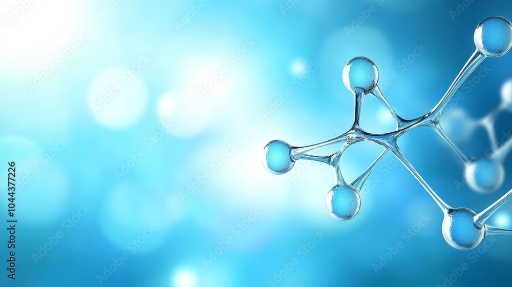 Poster abstract blue background with molecule structure and water droplets, a captivating blend of science 