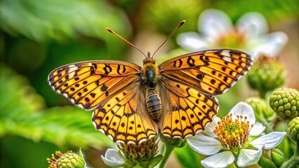 Rare Small Pearl bordered Fritillary butterfly resting on Blackberry flower in woodland clearing