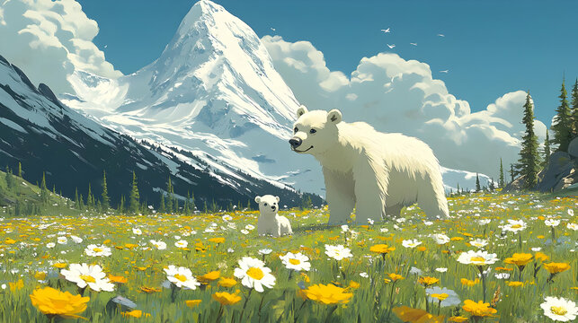 Polar Bear Family in a Flower Field Illustration
