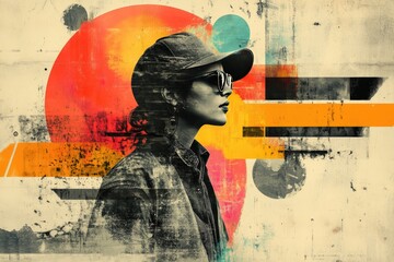 Fototapeta premium Futuristic Urban Art: Woman in Cap and Sunglasses with Abstract Geometric Background