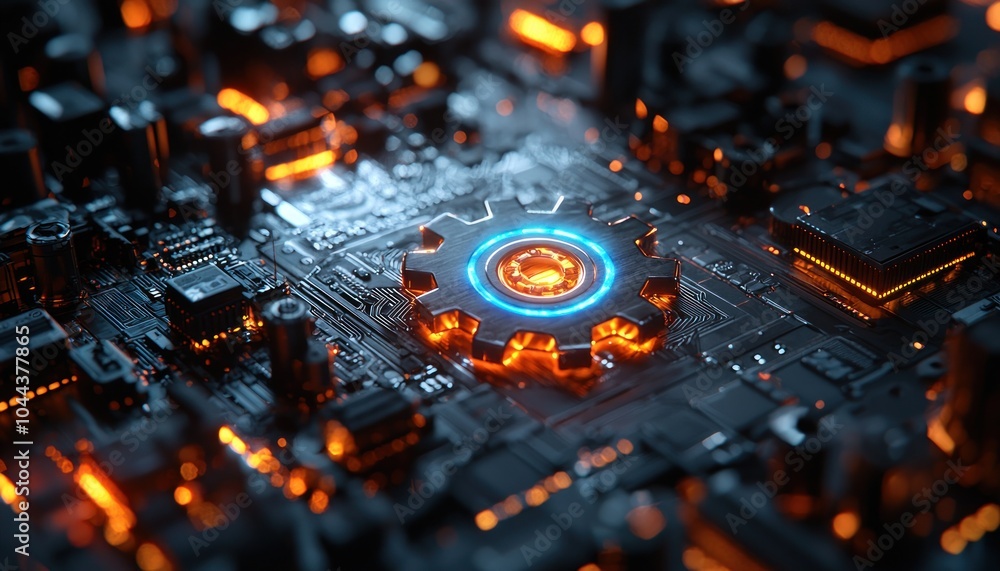 Poster glowing gear embedded in a futuristic circuit board