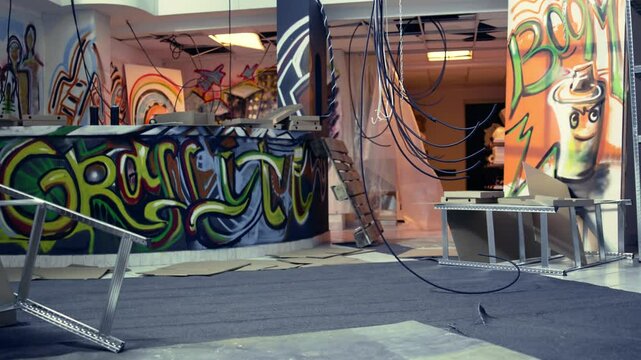 Trucking right shot of abandoned basement with graffiti drawings on walls and hanging electric cables. Underground hideout used as base of operations by vandals, handheld camera shot