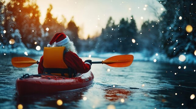 Santa Claus kayaking through snowy rivers, wearing a holiday-themed life vest, [Santa activities], [Winter water sports adventure]