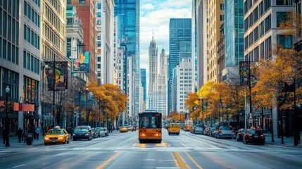 Obraz premium Urban street scene with a trolley, skyscrapers, and autumn foliage.