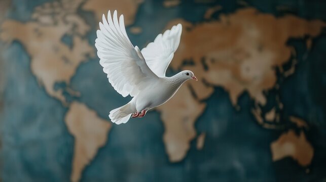 A dove flying over a map of the world, symbolizing peace and the global mission to prevent genocide on Genocide Prevention Day