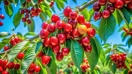 Obraz premium A vibrant cluster of ripe cherries hanging from a branch, showcasing their deep red hue against a backdrop of lush green leaves and a clear blue sky.