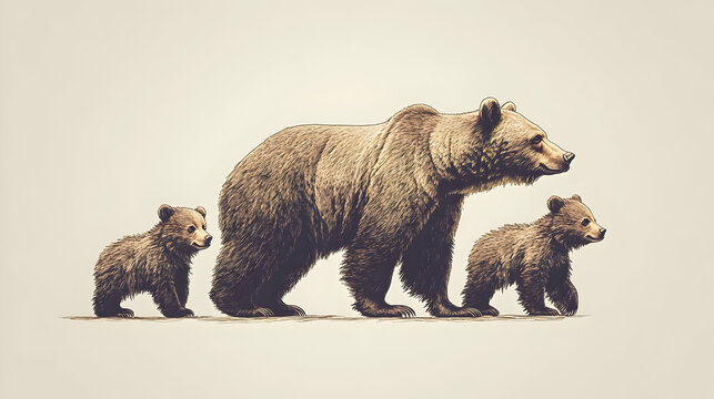 Brown Bear Family Walking Illustration
