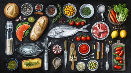 A delightful collection of hand drawn food and kitchen utensils arranged artistically on a black background, resembling a chalkboard menu showcasing meat, vegetables, seafood, and kitchen tools