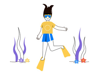 Diver is doing scuba diving. Diving illustration. Flat vector illustration