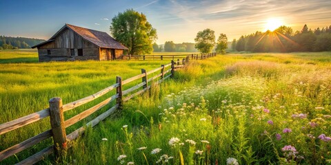 Fototapeta premium A weathered wooden cabin nestled amongst a vibrant field of wildflowers, a weathered wooden fence guiding the eye towards a sun-drenched horizon