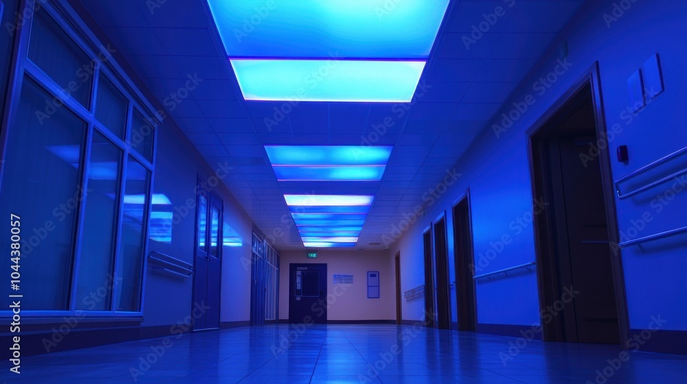 Poster a corridor illuminated with blue lighting, creating a modern and calming atmosphere.