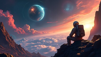 Obraz premium Outer space view with an astronaut and Earth visible