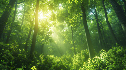 Obraz premium Forest view in tall trees and sunrise 