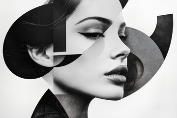 Abstract Portrait of Woman with Geometric Patterns in Black and White