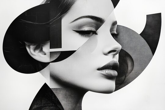 Abstract Portrait of Woman with Geometric Patterns in Black and White