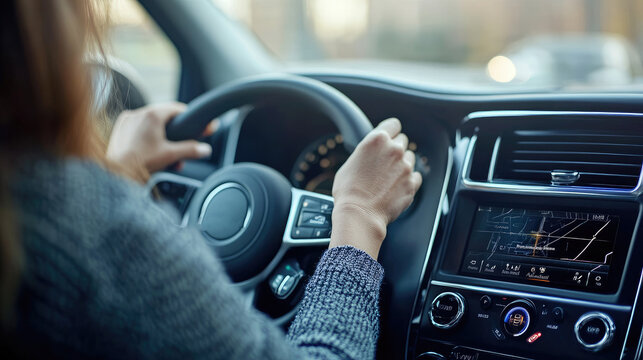 Woman Driving Modern Car with GPS Navigation Display on Dashboard in Daylight
