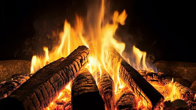 Cozy campfire with burning logs in the dark, warm and inviting atmosphere. Relaxation and outdoor gathering concept