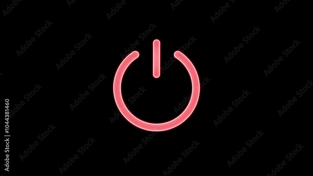 Poster red power button glowing neon line power on off button icon isolated on black background.
