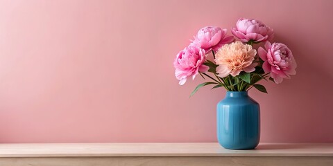 Fototapeta premium A bouquet of pink flowers with delicate petals, arranged in a vibrant blue vase, rests on a wooden shelf against a soft pink backdrop.